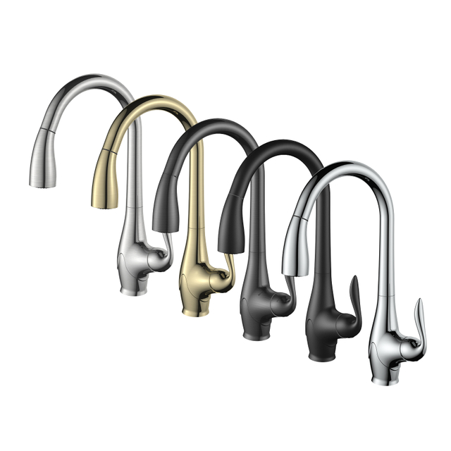 Rubinetto da cucina G02 di nuovo design con rubinetti neri Rubinetto da cucina estraibile a collo lungo dorato con spruzzatore estraibile
